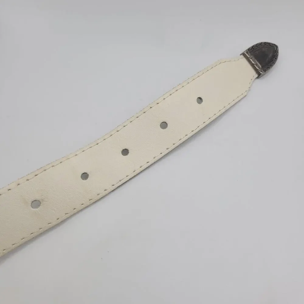 Off-White Leather Belt Small Western Antique Silver Buckle Cowgirl Boho Cowboy
